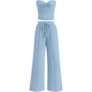 imageBTFBM Two Piece Sets For Women Summer Ribbed Strapless Twist Knot Tube Top Pants Set Casual 2026 Beach Vacation OutfitsLight Blue