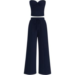 imageBTFBM Two Piece Sets For Women Summer Ribbed Strapless Twist Knot Tube Top Pants Set Casual 2026 Beach Vacation OutfitsNavy Blue