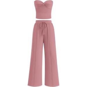 imageBTFBM Two Piece Sets For Women Summer Ribbed Strapless Twist Knot Tube Top Pants Set Casual 2026 Beach Vacation OutfitsPink