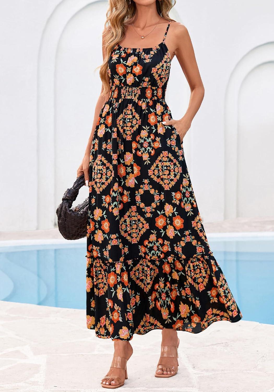 imageBTFBM Summer Dresses for Women 2026 Sleeveless Spaghetti Strap High Waist Boho Beach Vacation Clothes Spring Maxi DressFloral Black Multicolored