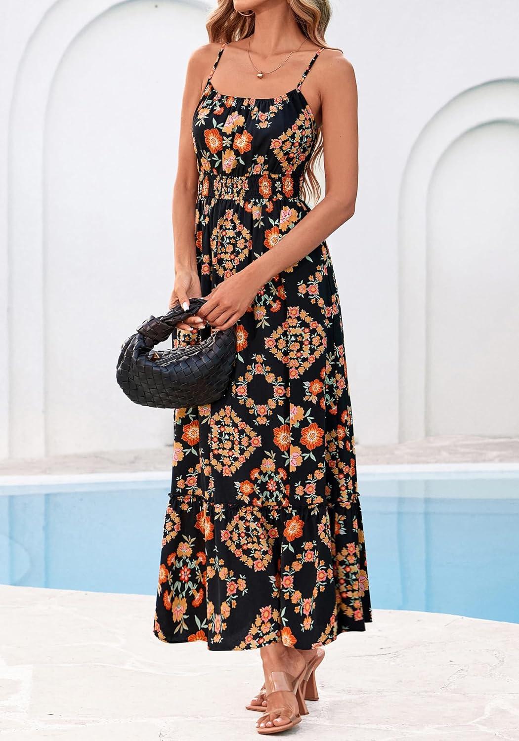 imageBTFBM Summer Dresses for Women 2026 Sleeveless Spaghetti Strap High Waist Boho Beach Vacation Clothes Spring Maxi DressFloral Black Multicolored