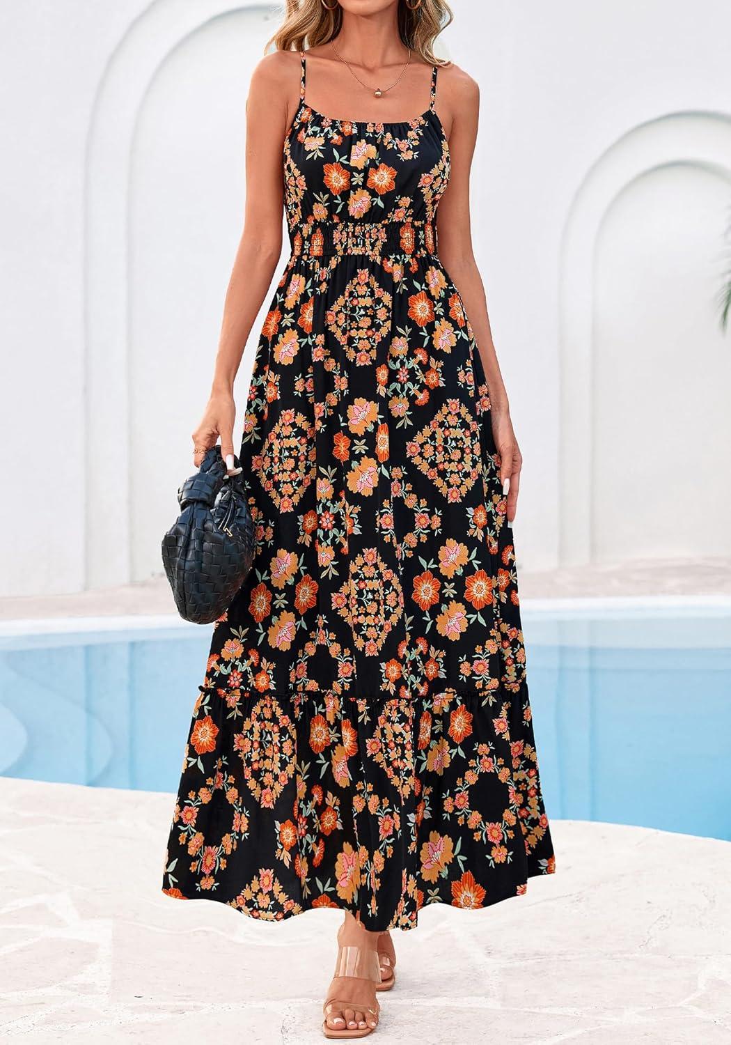 imageBTFBM Summer Dresses for Women 2026 Sleeveless Spaghetti Strap High Waist Boho Beach Vacation Clothes Spring Maxi DressFloral Black Multicolored