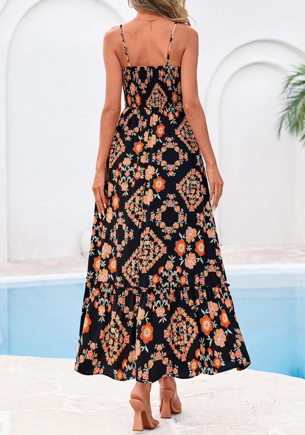 imageBTFBM Summer Dresses for Women 2026 Sleeveless Spaghetti Strap High Waist Boho Beach Vacation Clothes Spring Maxi DressFloral Black Multicolored