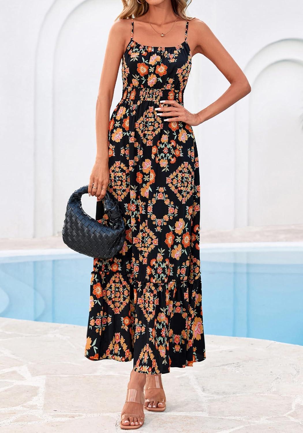 imageBTFBM Summer Dresses for Women 2026 Sleeveless Spaghetti Strap High Waist Boho Beach Vacation Clothes Spring Maxi DressFloral Black Multicolored