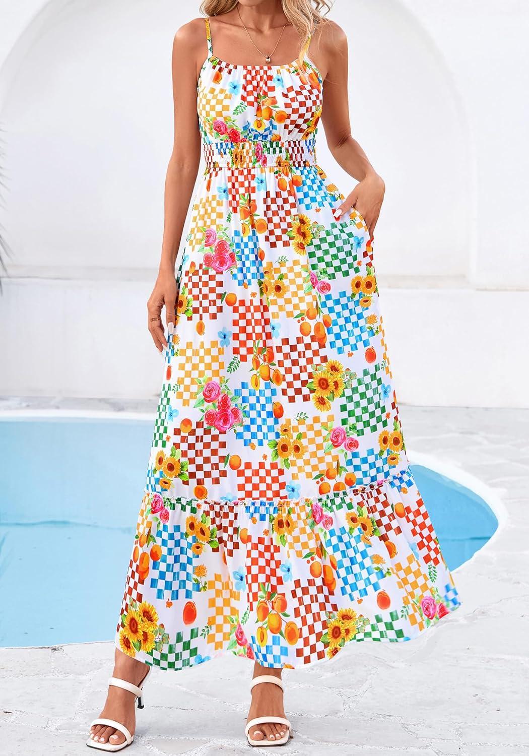 imageBTFBM Summer Dresses for Women 2026 Sleeveless Spaghetti Strap High Waist Boho Beach Vacation Clothes Spring Maxi DressFloral Plaid Multicolored