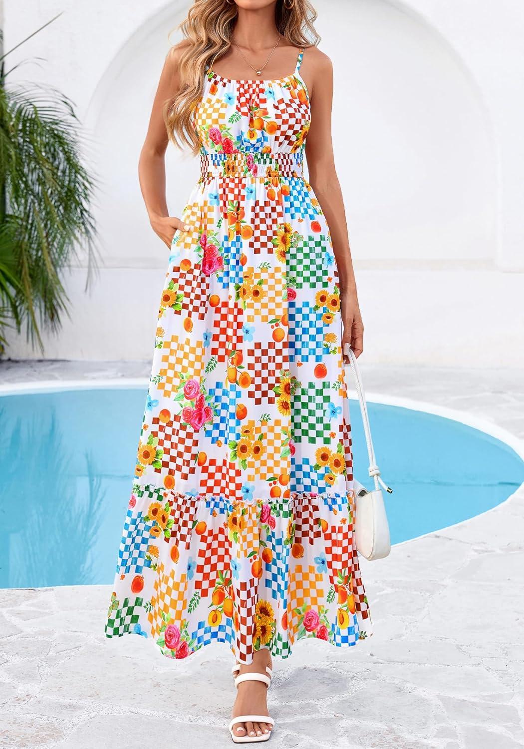 imageBTFBM Summer Dresses for Women 2026 Sleeveless Spaghetti Strap High Waist Boho Beach Vacation Clothes Spring Maxi DressFloral Plaid Multicolored