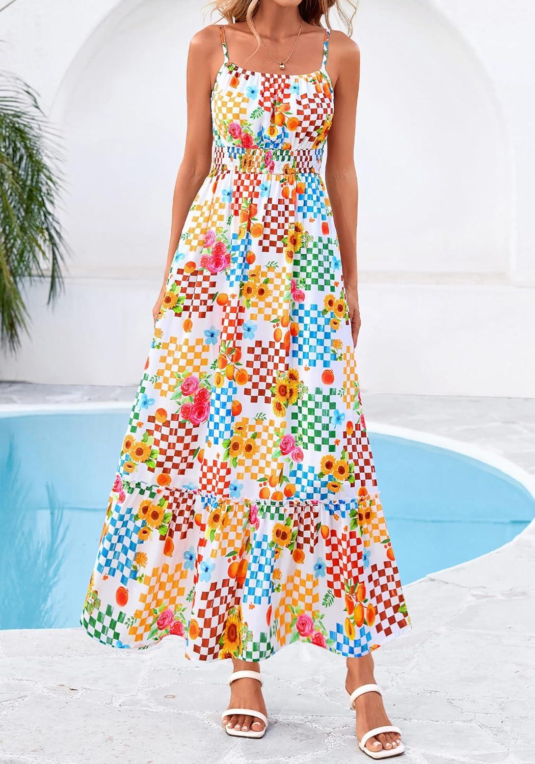 imageBTFBM Summer Dresses for Women 2026 Sleeveless Spaghetti Strap High Waist Boho Beach Vacation Clothes Spring Maxi DressFloral Plaid Multicolored