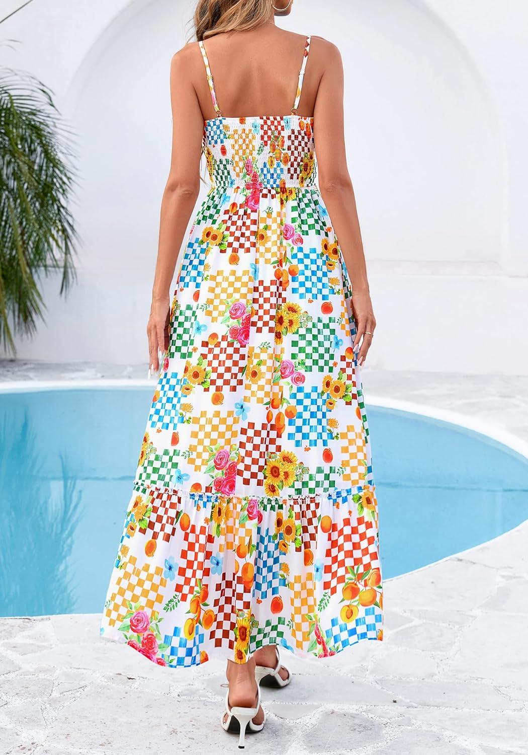 imageBTFBM Summer Dresses for Women 2026 Sleeveless Spaghetti Strap High Waist Boho Beach Vacation Clothes Spring Maxi DressFloral Plaid Multicolored