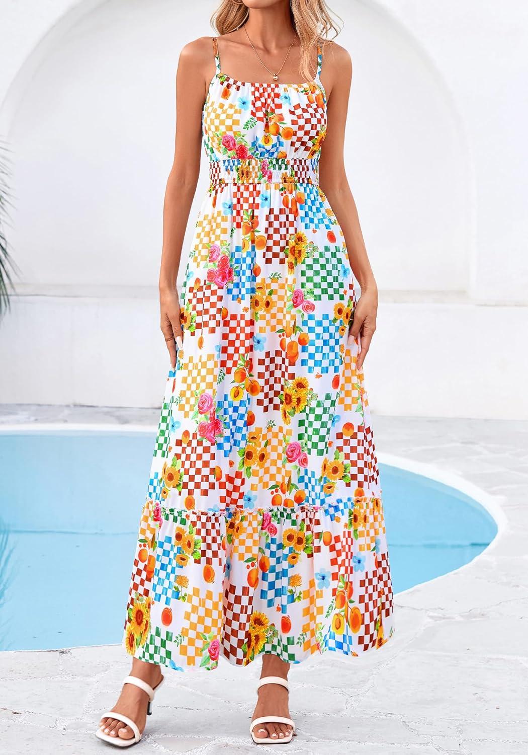 imageBTFBM Summer Dresses for Women 2026 Sleeveless Spaghetti Strap High Waist Boho Beach Vacation Clothes Spring Maxi DressFloral Plaid Multicolored