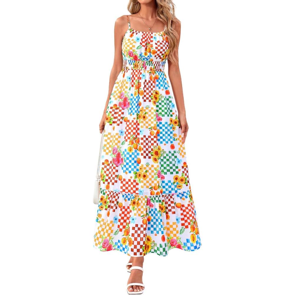 imageBTFBM Summer Dresses for Women 2026 Sleeveless Spaghetti Strap High Waist Boho Beach Vacation Clothes Spring Maxi DressFloral Plaid Multicolored