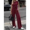 imageBTFBM 2 Piece Sets for Women Spring 2026 Casual Shoulder Pad Tank Top Wide Leg Pants Matching Set Travel Airport OutfitsBurgundy