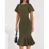 imageBTFBM Women Formal Wedding Guest Cocktail Dresses 2026 Short Sleeve Ruffle Mermaid Work Bodycon Elegant Midi Summer DressArmy Green