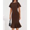 imageBTFBM Women Formal Wedding Guest Cocktail Dresses 2026 Short Sleeve Ruffle Mermaid Work Bodycon Elegant Midi Summer DressBrown