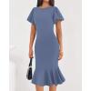 imageBTFBM Women Formal Wedding Guest Cocktail Dresses 2026 Short Sleeve Ruffle Mermaid Work Bodycon Elegant Midi Summer DressGrey Blue