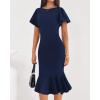 imageBTFBM Women Formal Wedding Guest Cocktail Dresses 2026 Short Sleeve Ruffle Mermaid Work Bodycon Elegant Midi Summer DressNavy Blue