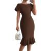 imageBTFBM Women Formal Wedding Guest Cocktail Dresses 2026 Short Sleeve Ruffle Mermaid Work Bodycon Elegant Midi Summer DressBrown