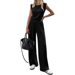 imageBTFBM 2 Piece Sets for Women Spring 2026 Casual Shoulder Pad Tank Top Wide Leg Pants Matching Set Travel Airport OutfitsBlack