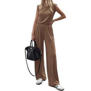 imageBTFBM 2 Piece Sets for Women Spring 2026 Casual Shoulder Pad Tank Top Wide Leg Pants Matching Set Travel Airport OutfitsKhaki