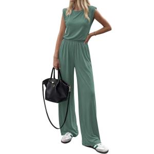 imageBTFBM 2 Piece Sets for Women Spring 2026 Casual Shoulder Pad Tank Top Wide Leg Pants Matching Set Travel Airport OutfitsSage Green