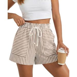imageBTFBM Casual Striped Shorts for Women 2026 Spring Summer Elastic Waist Y2K Lounge Pajama Vacation Beach PJ Bottoms ClothesKhaki