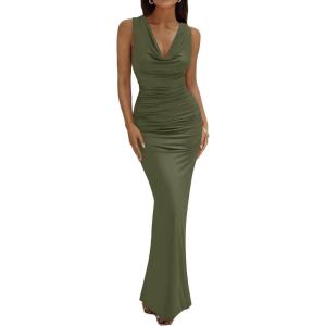 imageBTFBM Cocktail Dresses for Women Spring 2026 Cowl Neck Sleeveless Ruched Slim Fit Maxi Formal Wedding Guest DressArmy Green