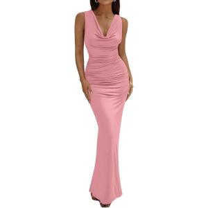 imageBTFBM Cocktail Dresses for Women Spring 2026 Cowl Neck Sleeveless Ruched Slim Fit Maxi Formal Wedding Guest DressPink