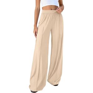 imageBTFBM Palazzo Pants for Women 2026 Spring Summer Casual Lounge Pants High Waist Flowy Trousers Baggy Wide Leg PantsBeige