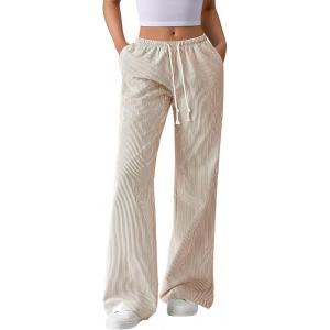 imageBTFBM Striped Wide Leg Pants for Women Spring Summer 2026 Drawstring Lounge PJ Beach Bottoms Casual Trousers PocketsBrown