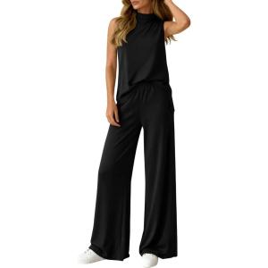 imageBTFBM Summer 2 Piece Lounge Sets For Women Sleeveless Mock Neck Top Wide Leg Pants Airport Travel Beach Vacation OutfitsBlack