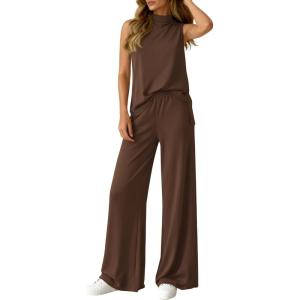 imageBTFBM Summer 2 Piece Lounge Sets For Women Sleeveless Mock Neck Top Wide Leg Pants Airport Travel Beach Vacation OutfitsBrown