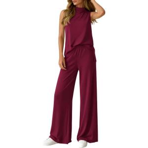 imageBTFBM Summer 2 Piece Lounge Sets For Women Sleeveless Mock Neck Top Wide Leg Pants Airport Travel Beach Vacation OutfitsBurgundy