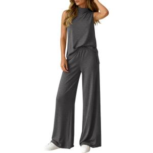 imageBTFBM Summer 2 Piece Lounge Sets For Women Sleeveless Mock Neck Top Wide Leg Pants Airport Travel Beach Vacation OutfitsDark Grey