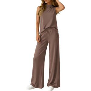 imageBTFBM Summer 2 Piece Lounge Sets For Women Sleeveless Mock Neck Top Wide Leg Pants Airport Travel Beach Vacation OutfitsKhaki