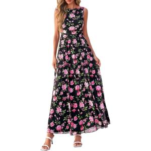 imageBTFBM Summer Dresses for Women 2026 Floral Maxi Dress Sleeveless Mesh Flowy Long Sundress Beach Vacation Clothes PocketsBlack Pink Flower