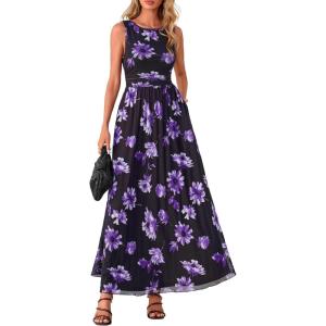 imageBTFBM Summer Dresses for Women 2026 Floral Maxi Dress Sleeveless Mesh Flowy Long Sundress Beach Vacation Clothes PocketsBlack Purple Flower