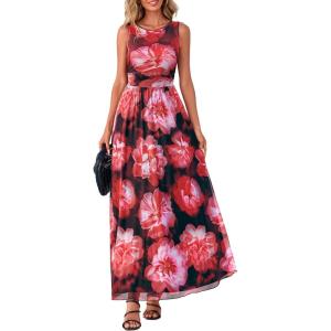 imageBTFBM Summer Dresses for Women 2026 Floral Maxi Dress Sleeveless Mesh Flowy Long Sundress Beach Vacation Clothes PocketsBlack Red Flower