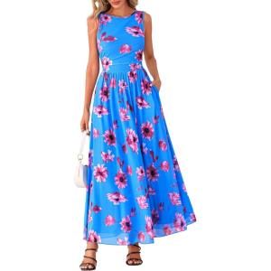 imageBTFBM Summer Dresses for Women 2026 Floral Maxi Dress Sleeveless Mesh Flowy Long Sundress Beach Vacation Clothes PocketsBlue Red Flower