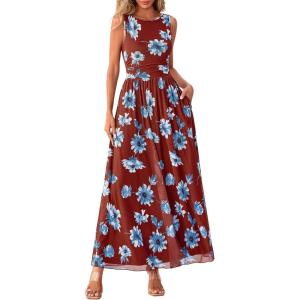 imageBTFBM Summer Dresses for Women 2026 Floral Maxi Dress Sleeveless Mesh Flowy Long Sundress Beach Vacation Clothes PocketsBrown Blue Flower