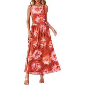 imageBTFBM Summer Dresses for Women 2026 Floral Maxi Dress Sleeveless Mesh Flowy Long Sundress Beach Vacation Clothes PocketsBrown Red Flower