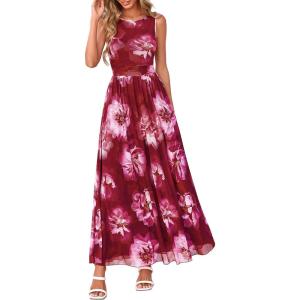 imageBTFBM Summer Dresses for Women 2026 Floral Maxi Dress Sleeveless Mesh Flowy Long Sundress Beach Vacation Clothes PocketsWine Red Flower