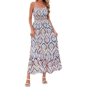 imageBTFBM Summer Dresses for Women 2026 Sleeveless Spaghetti Strap High Waist Boho Beach Vacation Clothes Spring Maxi DressBlue Geometry