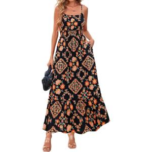 imageBTFBM Summer Dresses for Women 2026 Sleeveless Spaghetti Strap High Waist Boho Beach Vacation Clothes Spring Maxi DressFloral Black Multicolored