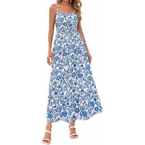 imageBTFBM Summer Dresses for Women 2026 Sleeveless Spaghetti Strap High Waist Boho Beach Vacation Clothes Spring Maxi DressFloral White Blue
