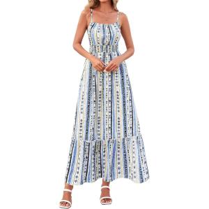imageBTFBM Summer Dresses for Women 2026 Sleeveless Spaghetti Strap High Waist Boho Beach Vacation Clothes Spring Maxi DressPrint Blue Apricot