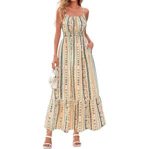 imageBTFBM Summer Dresses for Women 2026 Sleeveless Spaghetti Strap High Waist Boho Beach Vacation Clothes Spring Maxi DressPrint Green Yellow