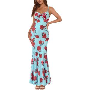 imageBTFBM Summer Dresses for Women 2026 Spaghetti Straps Sundress Twist Knot Mesh Mermaid Wedding Guest Dress Beach VacationFloral Blue Rose