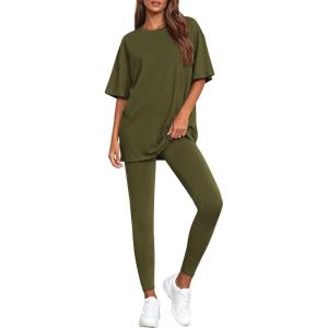 imageBTFBM Two Piece Lounge Set Women 2026 Spring Casual Oversized Shirts Leggings Matching Workout Airport Travel OutfitsArmy Green