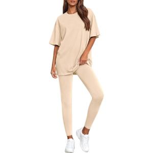 imageBTFBM Two Piece Lounge Set Women 2026 Spring Casual Oversized Shirts Leggings Matching Workout Airport Travel OutfitsBeige