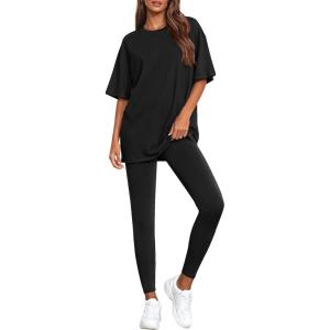 imageBTFBM Two Piece Lounge Set Women 2026 Spring Casual Oversized Shirts Leggings Matching Workout Airport Travel OutfitsBlack