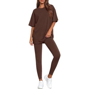 imageBTFBM Two Piece Lounge Set Women 2026 Spring Casual Oversized Shirts Leggings Matching Workout Airport Travel OutfitsBrown